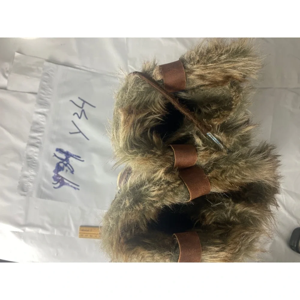 Women's‎ Brown Quilted Denim Snow Boots Size 8 Faux Fur Lined Lace Up Buckle